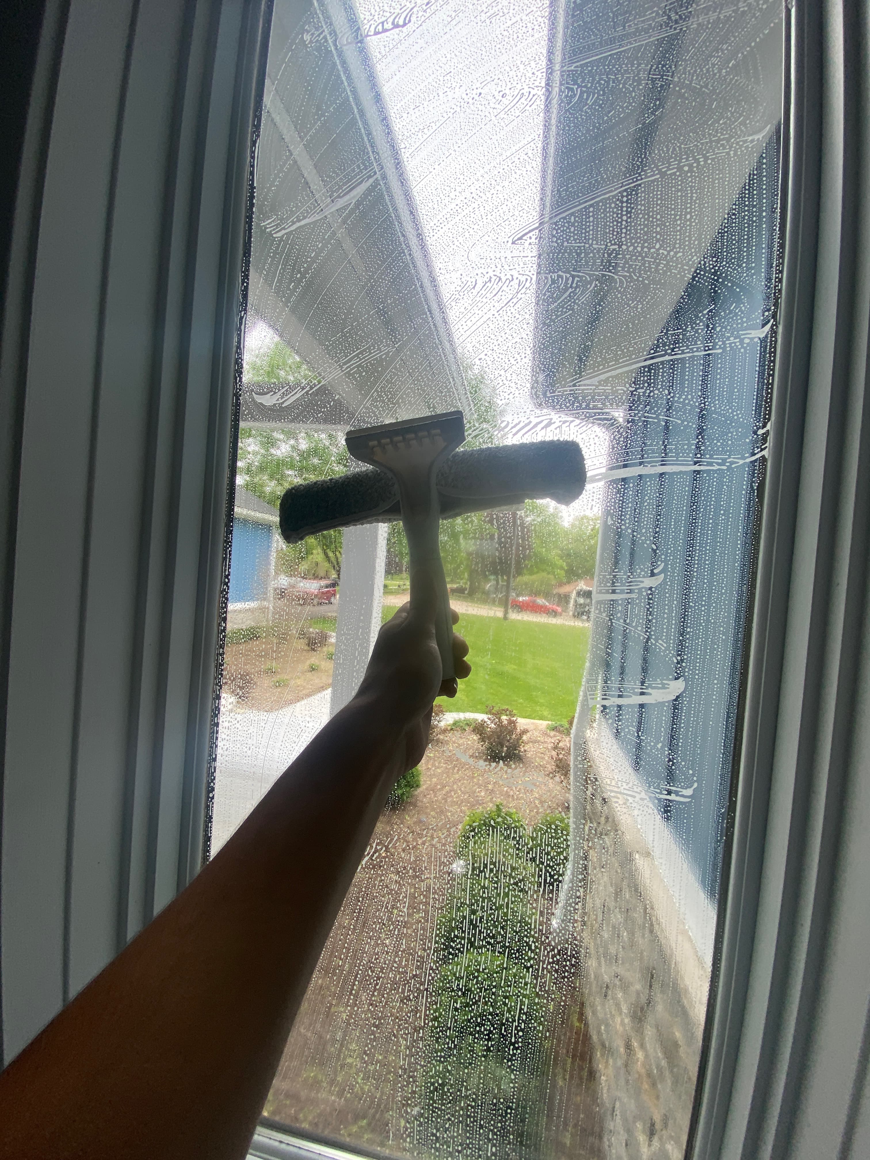 Close-up of a squeegee clearing soap off a window overlooking a green backyard